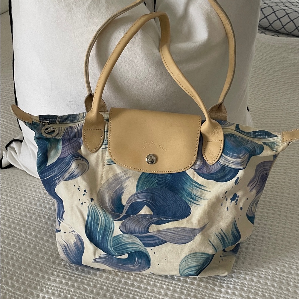 Longchamp  Stylish Beige and Blue Women's Tote Bag
